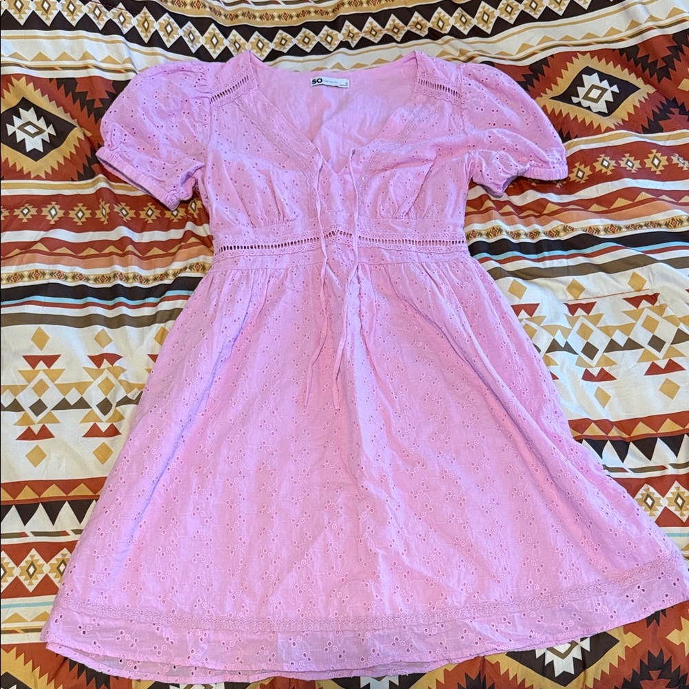SO Light Pink Eyelet Dress with Puff Sleeves
